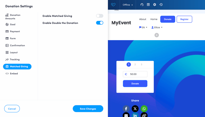 5. Go to Matched Giving and enable Double the Donation
