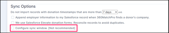 Salesforcesync options configure sync window