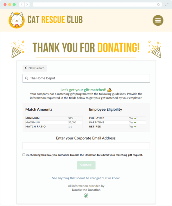 matching gift autosubmission confirmation page