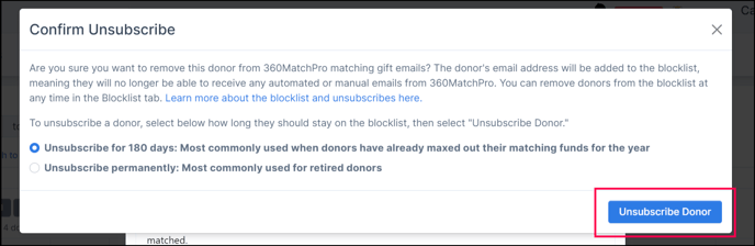 unsubscribe donor from donations tab-choose duration and finalize unsubscribe
